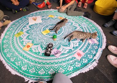 Mehrere Kinder und Erwachsene sitzen im Kreis um ein großes, rundes, türkis-weißes Tuch