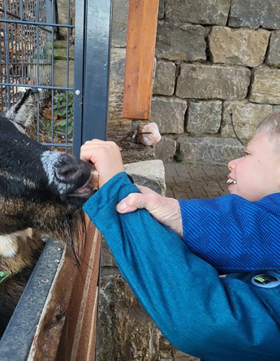 Ein lächelnder Junge in einem blauen Oberteil füttert eine braun-schwarze Ziege mit Hörnern, die ihren Kopf durch einen Zaun steckt. Die Szene spielt im Freien vor einer alten Steinmauer.