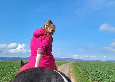 Eine lächelnde Frau in einer leuchtend pinken Jacke reitet auf einem dunklen Pferd einen Feldweg entlang.