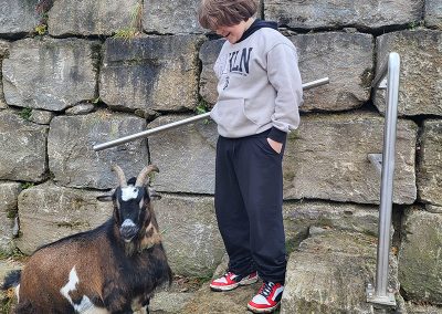 Ein Jugendlicher in einem hellgrauen Kapuzenpullover steht auf einem Felsenabsatz neben einer großen braun-weißen Ziege mit Hörnern.