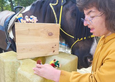 Eine junge Frau in einem gelben Kapuzenpullover spielt mit kleinen Holzfiguren auf gelben Blöcken vor einem Pferd. Das Pferd schaut der Frau mit seiner Fliegenmütze aufmerksam zu.