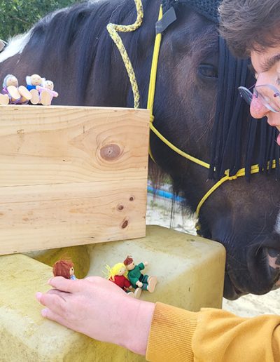 Eine junge Frau in einem gelben Kapuzenpullover spielt mit kleinen Holzfiguren auf gelben Blöcken vor einem Pferd. Das Pferd schaut der Frau mit seiner Fliegenmütze aufmerksam zu.